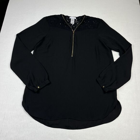 Cache 1/4 Zip Lace Blouse Black Long Sleeve Dressy Top Lightweight Shirt SMALL - Picture 1 of 9